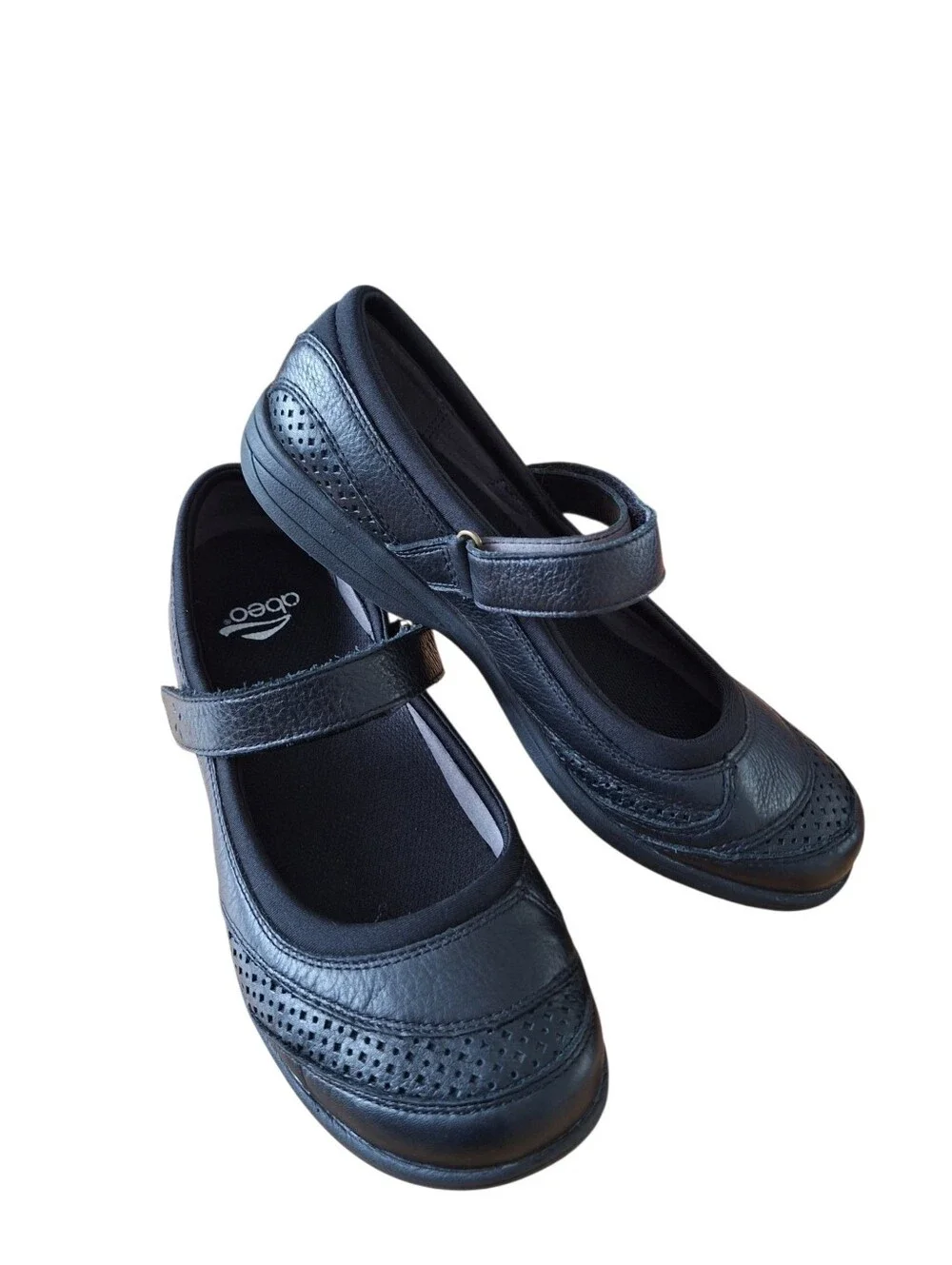 Abeo Ethel Smart System Black Leather Mary Jane Flats Shoes Velcro Strap 9.5